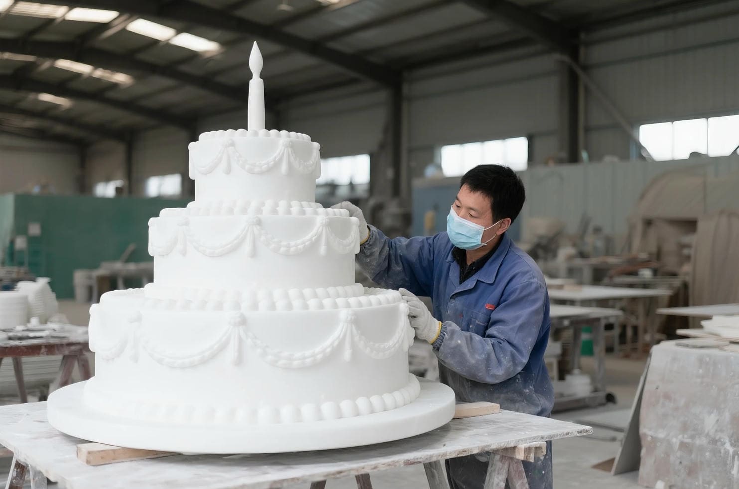 Large custom fiberglass cake sculpture being finished for commercial display and photo zones