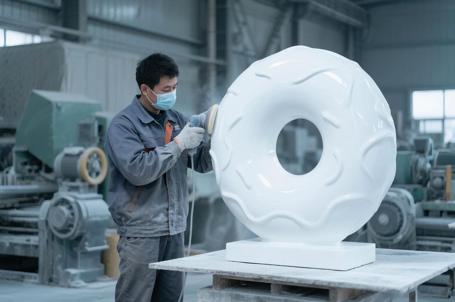 Worker polishing the surface of a custom fiberglass sculpture during factory production