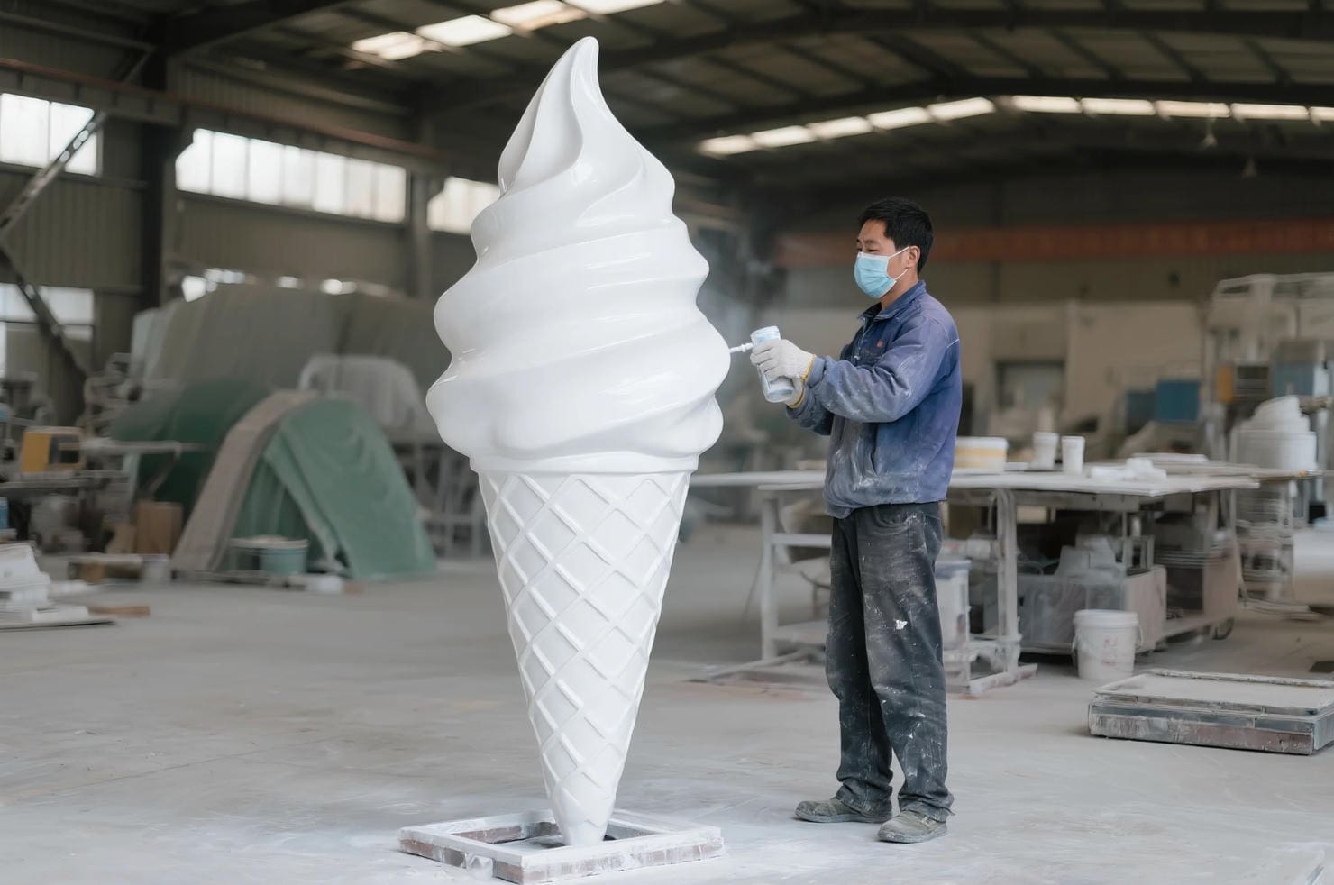 Large fiberglass ice cream sculpture being manufactured and finished for a commercial attraction